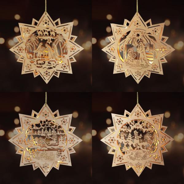 Weihnachtsstern aus Holz 30cm 10 LED's - 4 Designs -